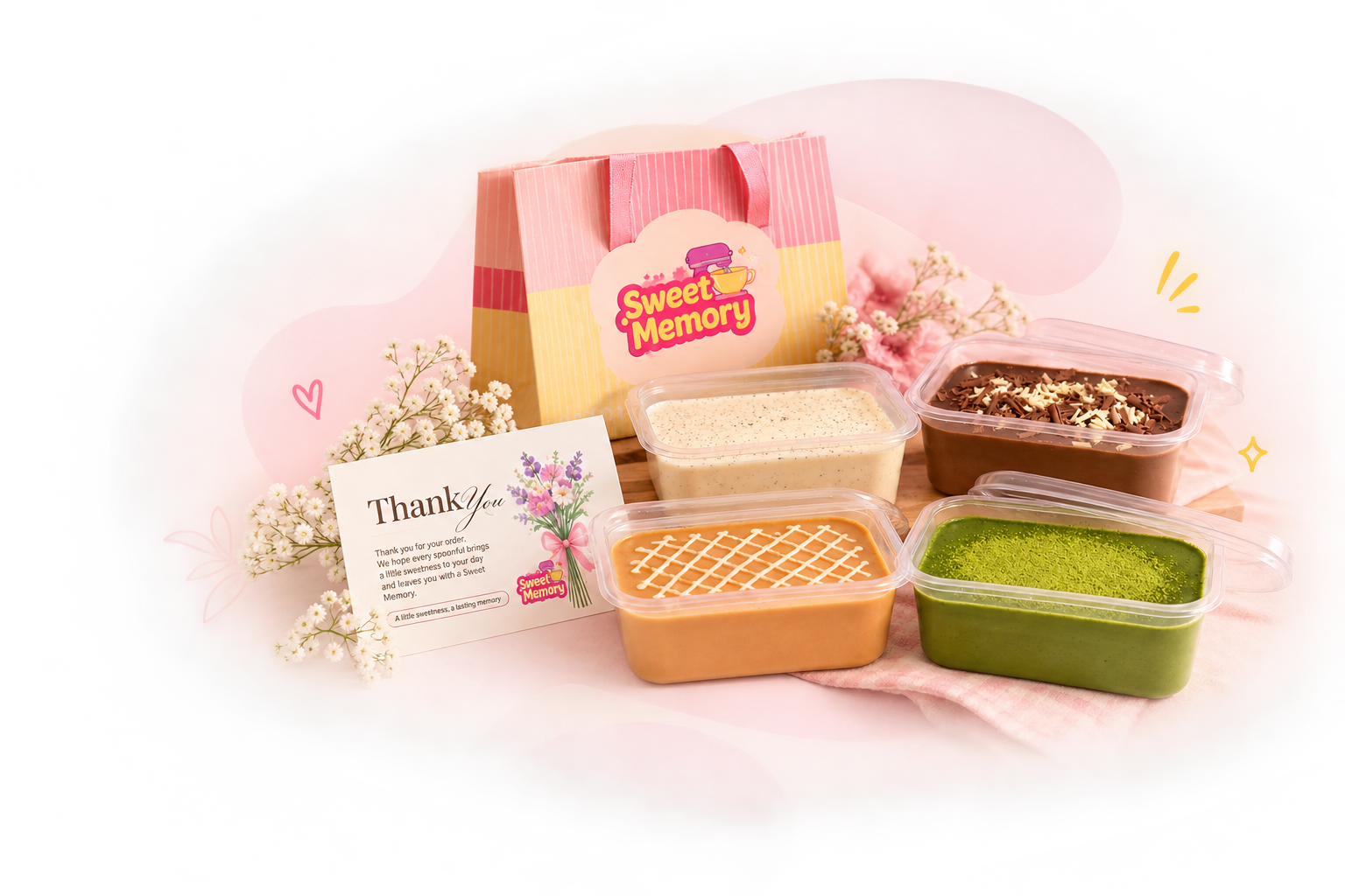 Sweet Memory delivery packaging and desserts