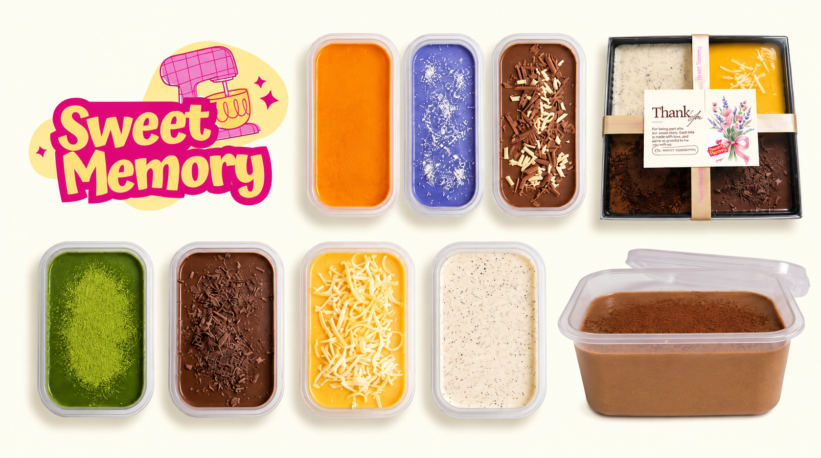 Sweet Memory logo and assorted panna cotta desserts
