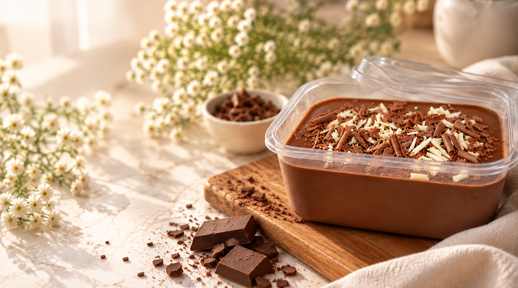 Chocolate panna cotta with chocolate shavings on a warm wooden board, surrounded by soft flowers and linen